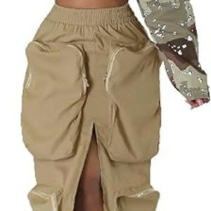 Women Cargo Skirts Loose Casual Maxi Skirts High Waist Front Split Y2K Long Skir